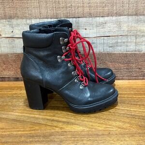 Lucky Brand LK-BRADLI Womens 8.5M Black Leather Lace Up Hiker Booties Lug Sole